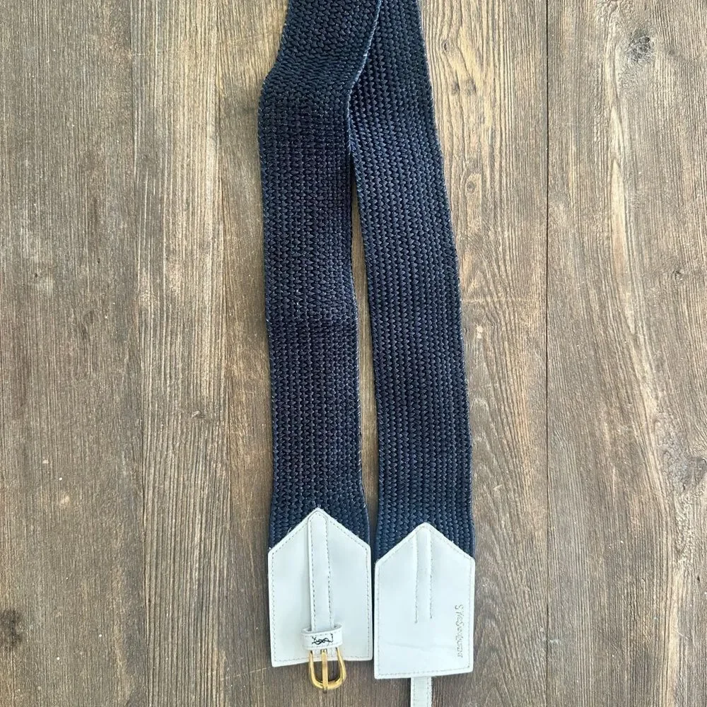 Vintage YSL Yves St. Lauren Blue And White Rattan Belt Large